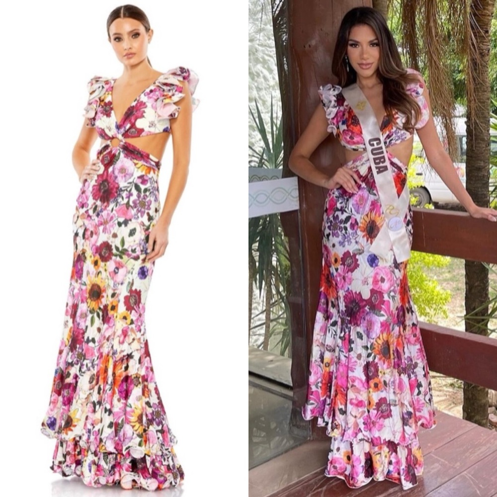 Mac Duggal Floral Print Ruffle Shoulder Cut Out Gown Maxi Dress 68107 in 6 NWOT